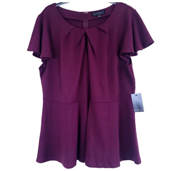 Eloquii Pleated Neckline Flutter Sleeve Peplum Top in Ruby Dusk Plum Size 18 NWT - Picture 2 of 8